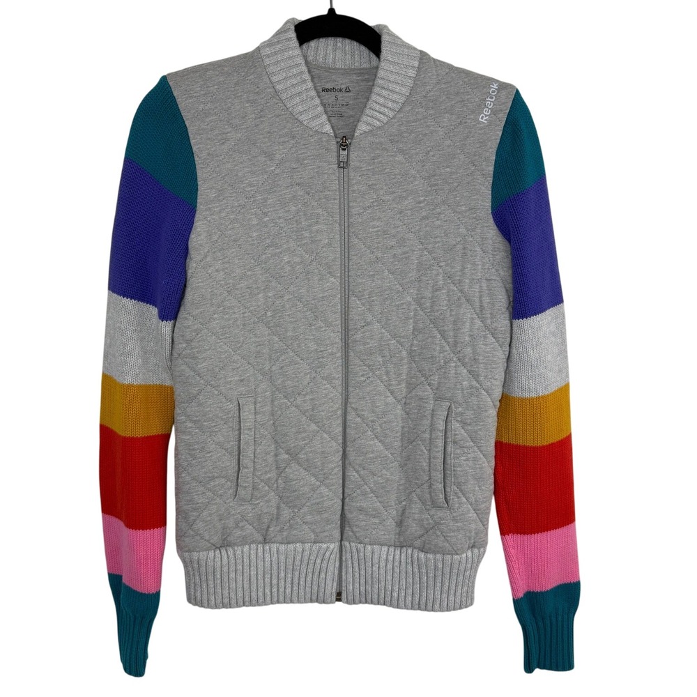 Reebok Quilted Bomber Jacket Small Gray Knit Colorblock Sleeves Retro Sporty